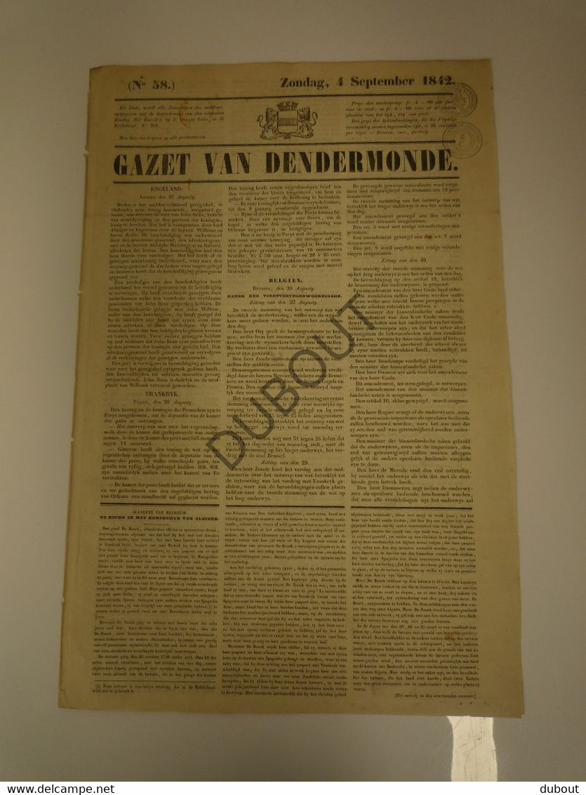 Gazet Van DENDERMONDE 4 September 1842 - Druk Ducaju Zoon - 4Pagina's (N705) - Informations Générales