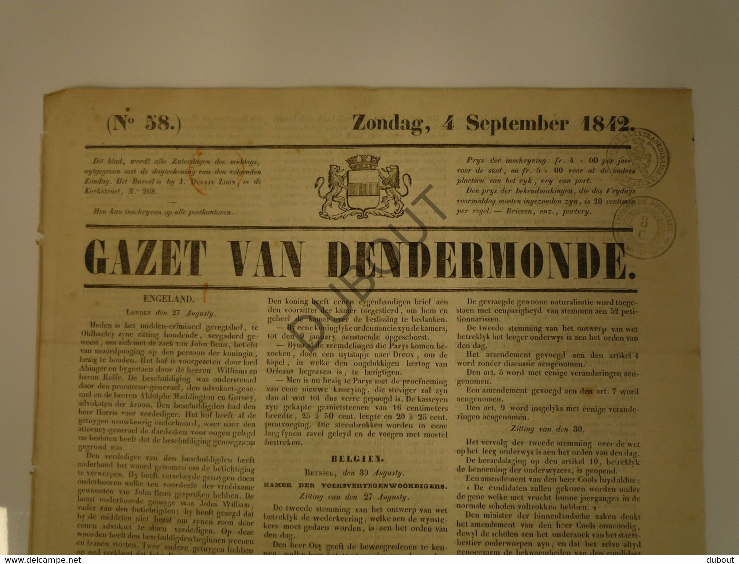 Gazet Van DENDERMONDE 4 September 1842 - Druk Ducaju Zoon - 4Pagina's (N705) - Informations Générales