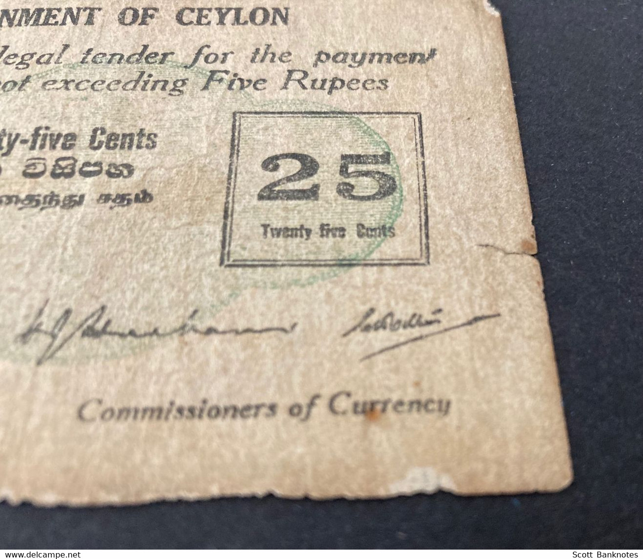 1942 A/3 Series 25 Cent Banknote, Watermarks Of THE GOVERNMENT OF CEYLON. - Sri Lanka