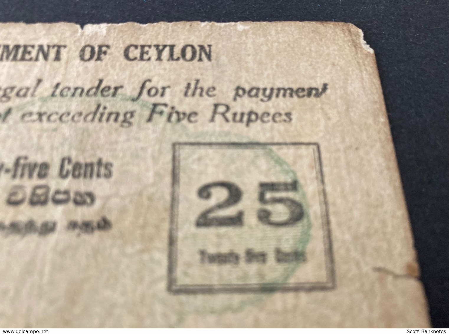 1942 A/3 Series 25 Cent Banknote, Watermarks Of THE GOVERNMENT OF CEYLON. - Sri Lanka