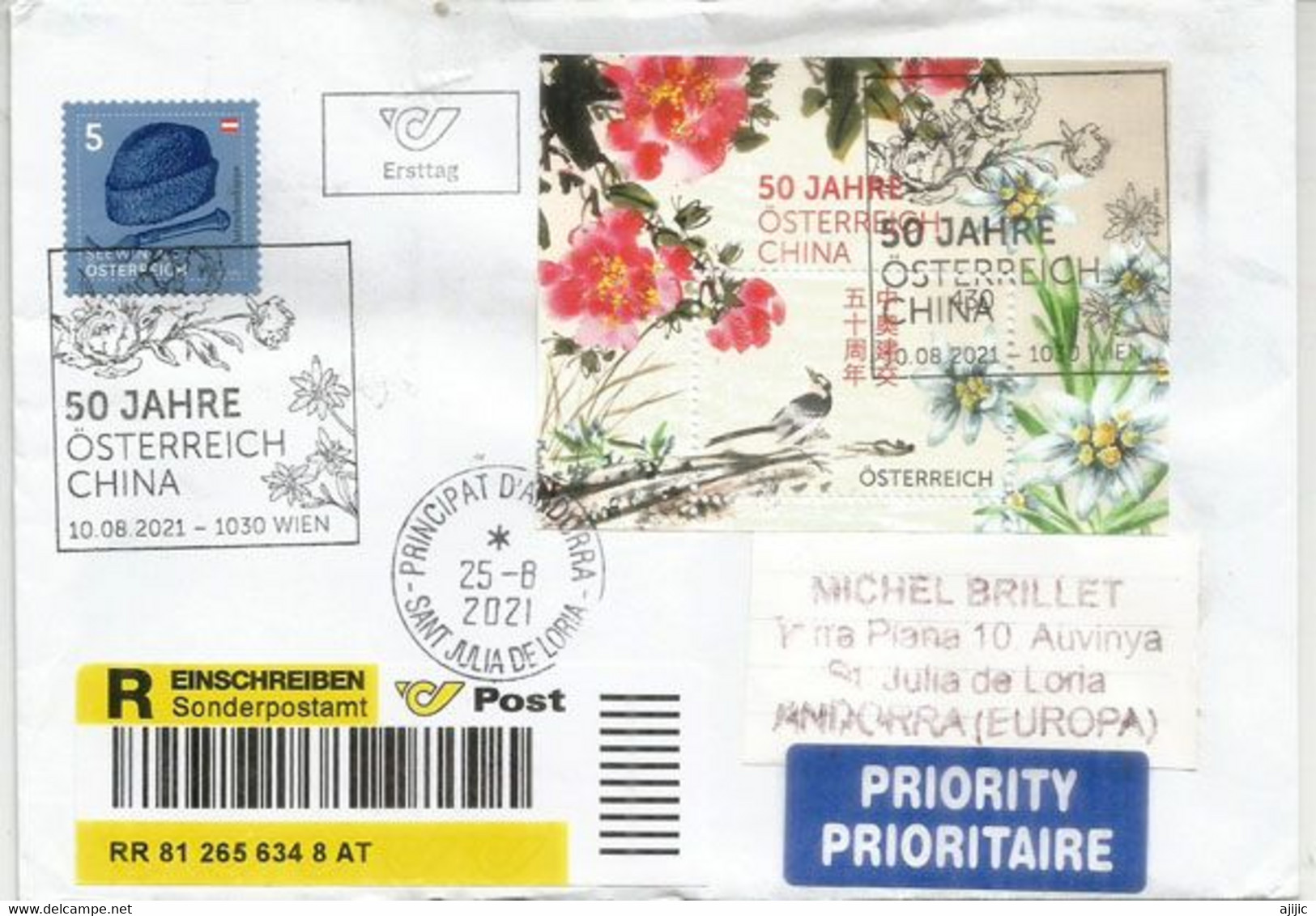 2021 CHINA-AUSTRIA Joint Issue. Miniature Sheet / Bloc-feuillet, On Registered FDC Letter Wien, Sent To Andorra, - FDC