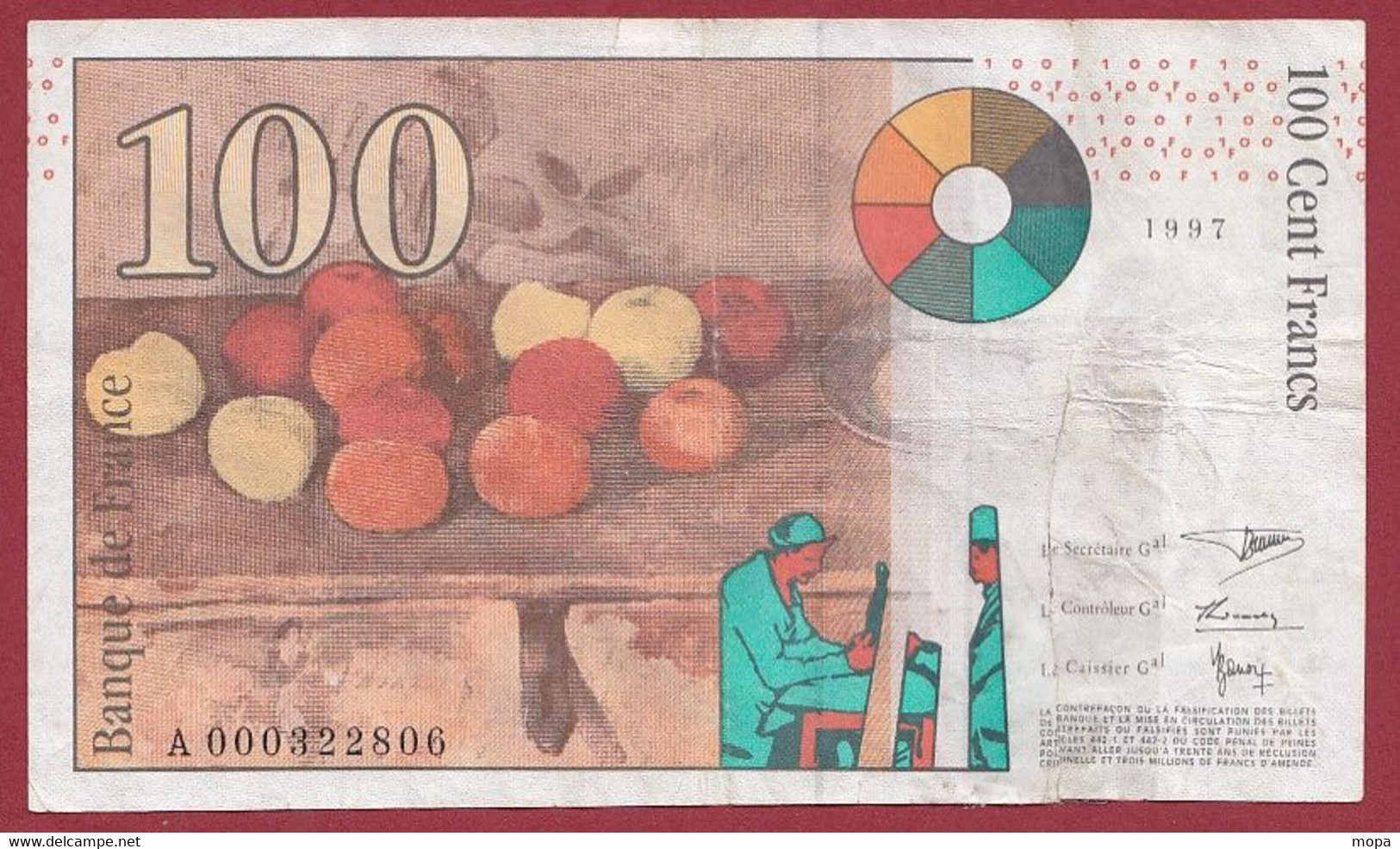 France 100 Francs "Cézanne" --1997--ALPH-A--Numéro -000322806 --1er MILLION --COUPURE A 19H ---- .dans L 'état (P.105) - 100 F 1997-1998 ''Cézanne''