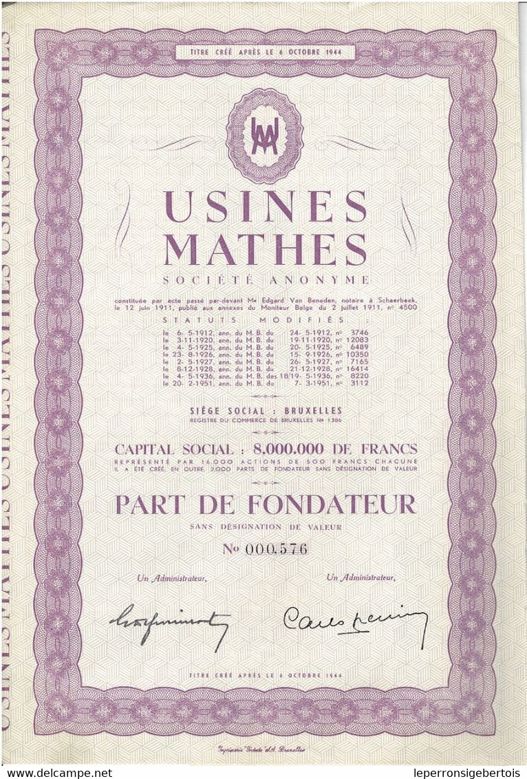 Titre Ancien - Usines Mathes-  Titre De 1951 - EF - - Industrie