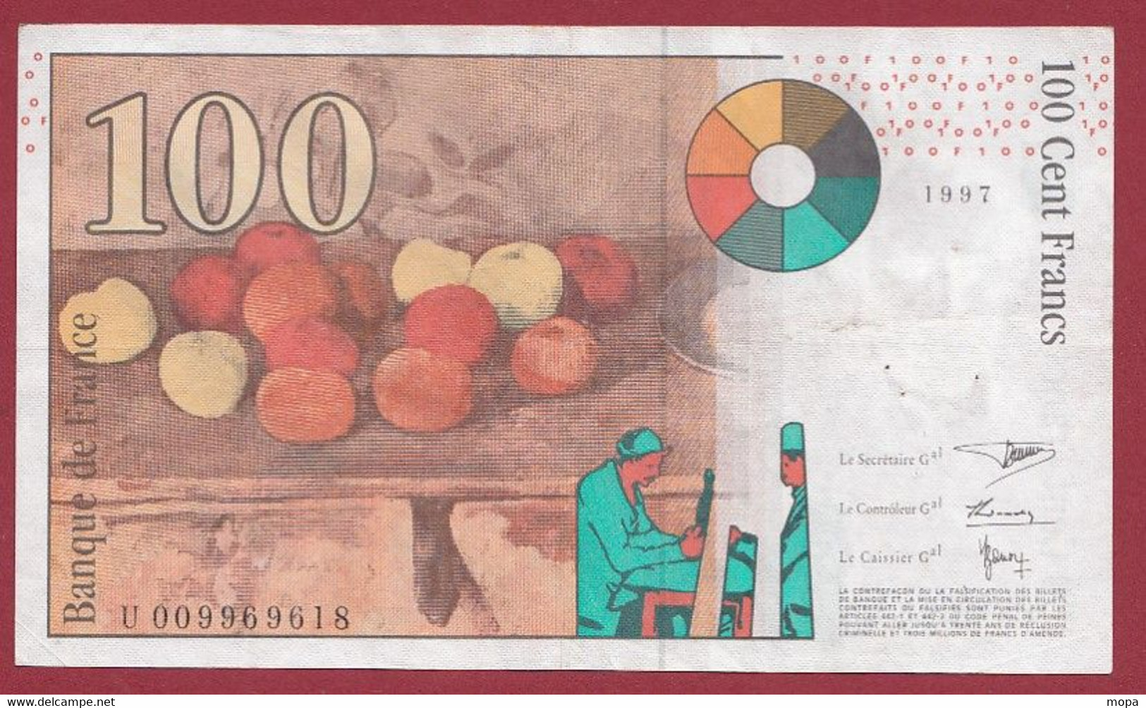 France 100 Francs "Cézanne" --1997--ALPH-U--Numéro -09969618 ----- .dans L 'état (P.108) - 100 F 1997-1998 ''Cézanne''