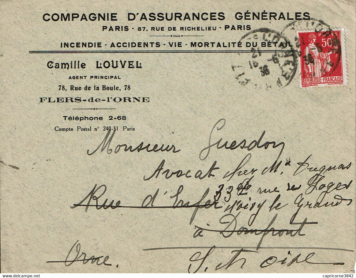 1936 - Enveloppe à Entête De COMPAGNIE D'ASSURANCES GENERALES - Agent Mr LOUVEL à Flers De L'Orne - Bank En Verzekering