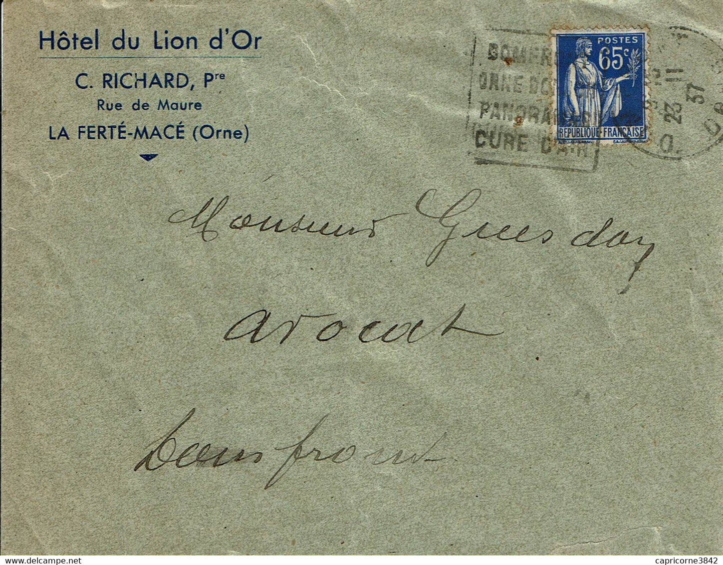 1937 - Enveloppe à Entête De L'HÔTEL DU LION D'OR" à La Ferté Macé (Orne) - Sports & Tourisme
