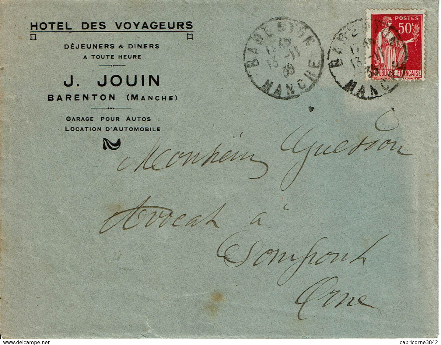 1935 - Enveloppe à Entête De HÔTEL DES VOYAGEURS  à Barenton (Manche) - Déjeuners Et Diners à Toute Heure - Sport & Turismo