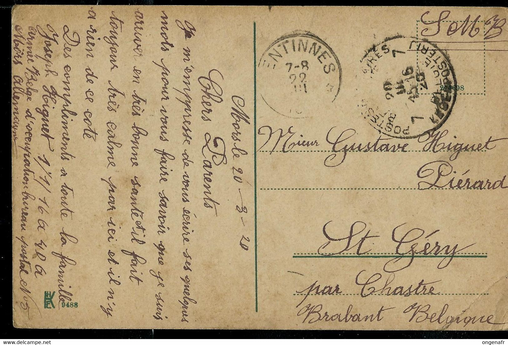 CP - Obl. Postes Militaires 20/03/1920 En Franchise SMB  Pour Gentines - Zonder Portkosten