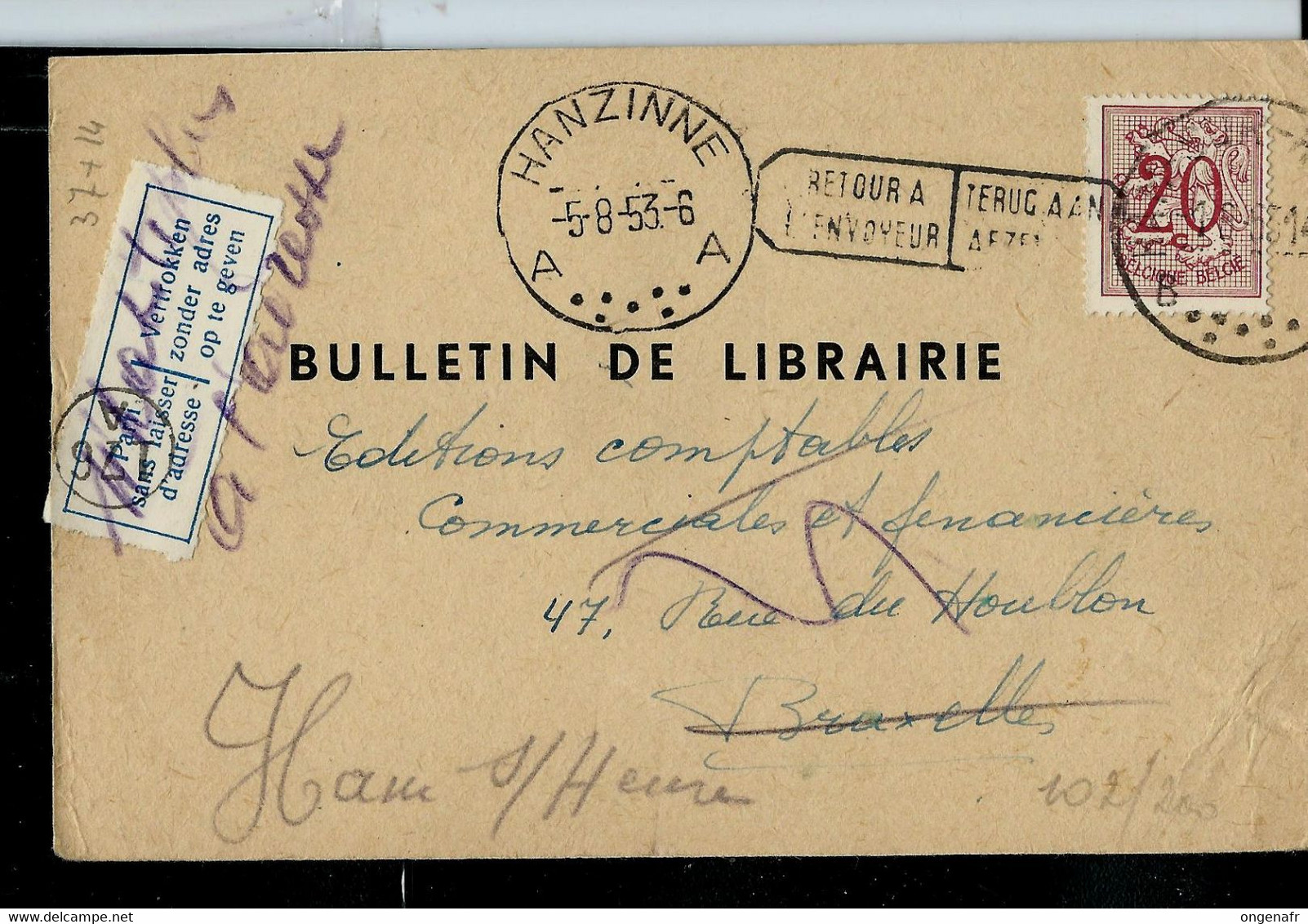 Bulletin De Librairie Obl. ?? Et Retour à L'envoyeur (bilingue)  HANZINE - A A - Du 05/08/53 - Correo Rural