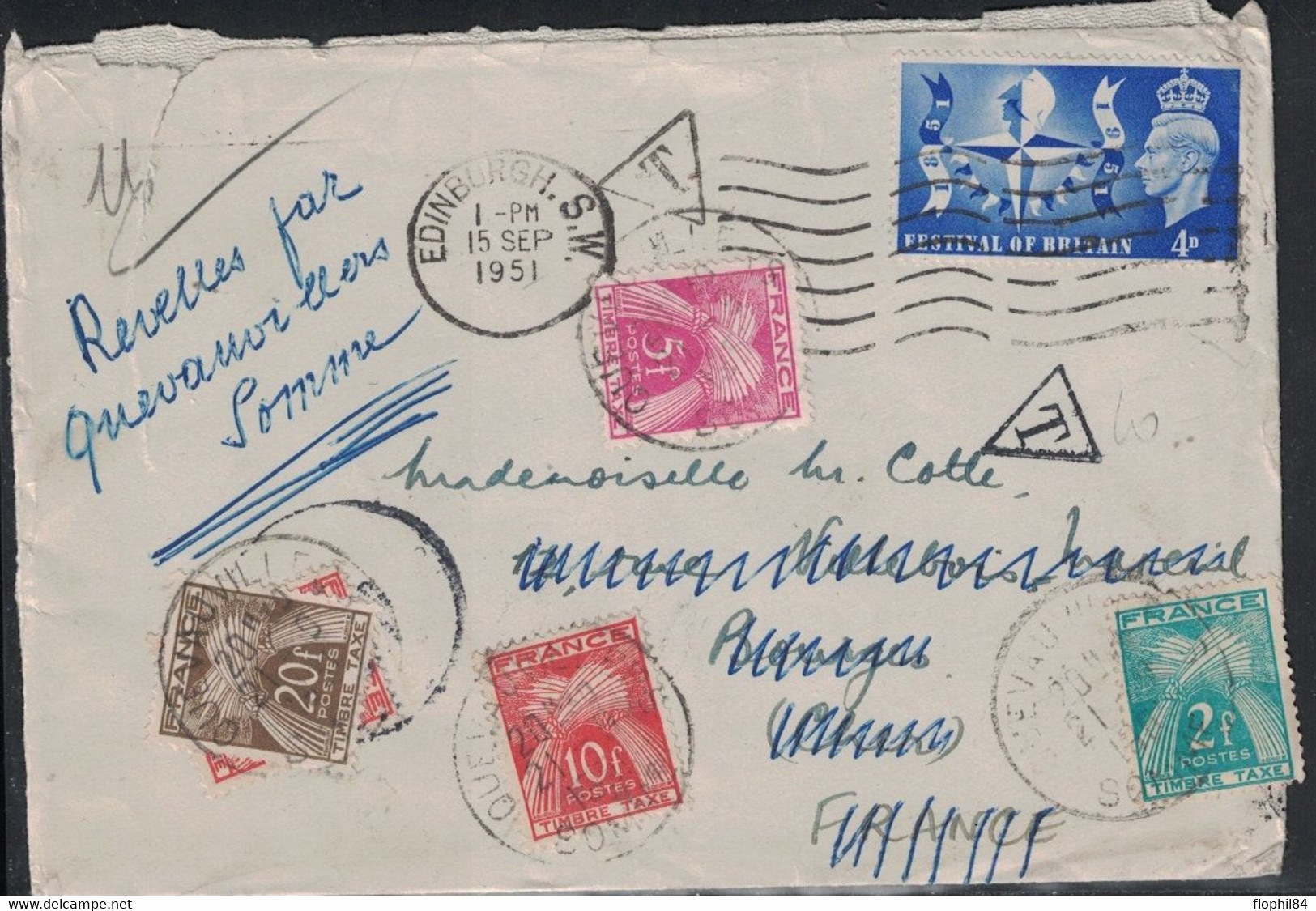 SOMME - GUEVAUVILLERS - LETTRE TAXEE EN PROVENANCE DE EDINBOURG - ECOSSE - PLUSIEURS TAXES GERBES - 21-9-1951. - 1859-1959 Lettres & Documents