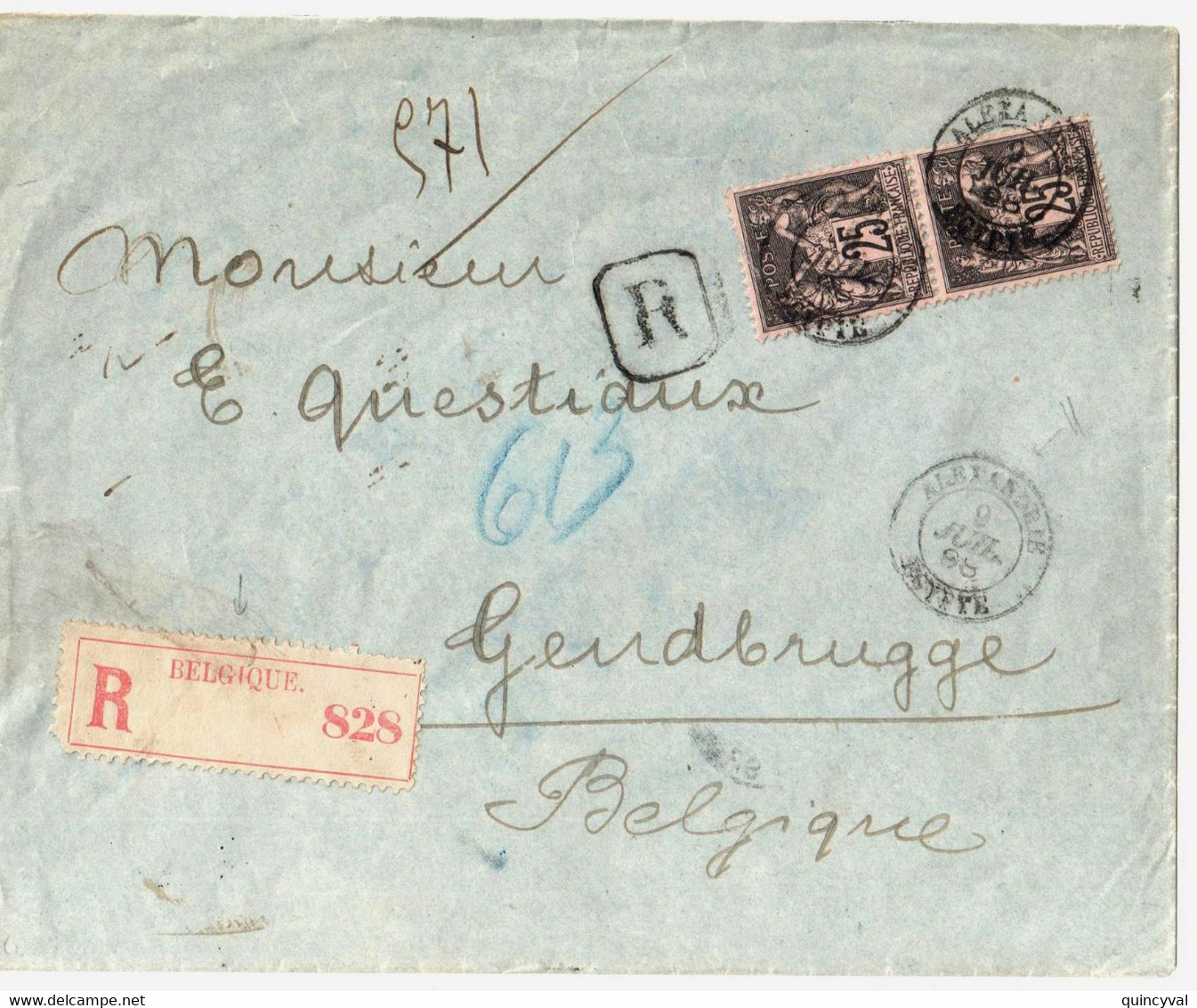 ALEXANDRIE Egypte Lettre Recommandée Banque Impériale Ottomane Dest Gant Bruxelles Belgique Etiquette Exp 25c Sage Yv 97 - 1877-1920: Semi Modern Period