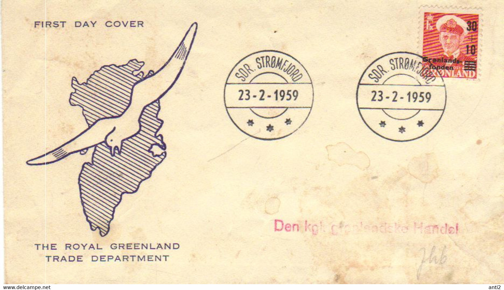 Greenland 1959   Greenland Aid.- (overprint Mi 32)   Mi 43  FDC    Bad Condition On Cover - Cartas & Documentos