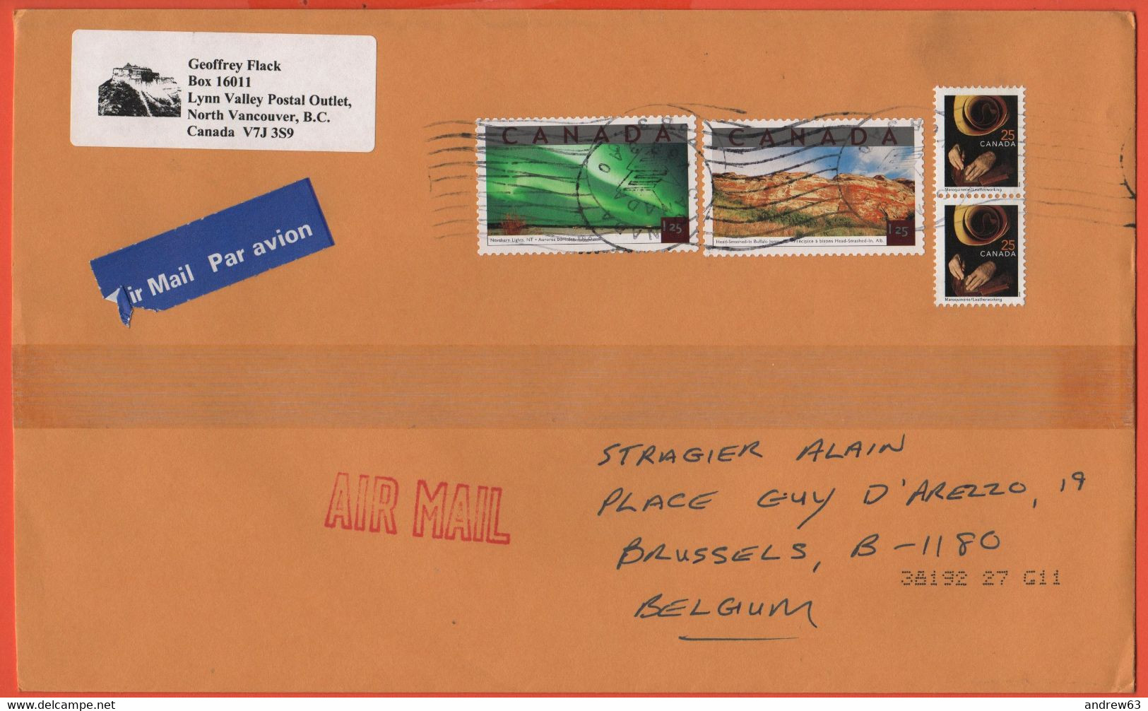 CANADA - 20?? - 2 X 1,25$ + 2 X 25c - Medium Envelope - Viaggiata Da North Vancouver Per Brussels, Belgium - Storia Postale