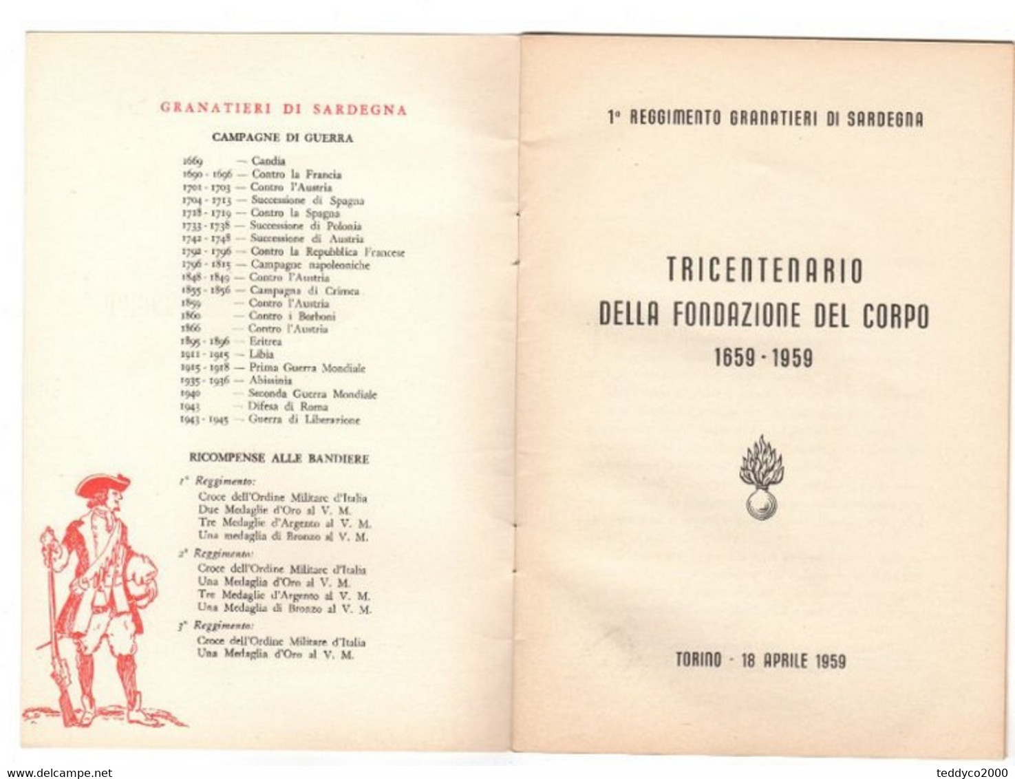 1 REGGIMENTO GRANATIERI DI SARDEGNA TRICENTENARIO 1959 (opuscolo 20 Pag.) - Otros & Sin Clasificación