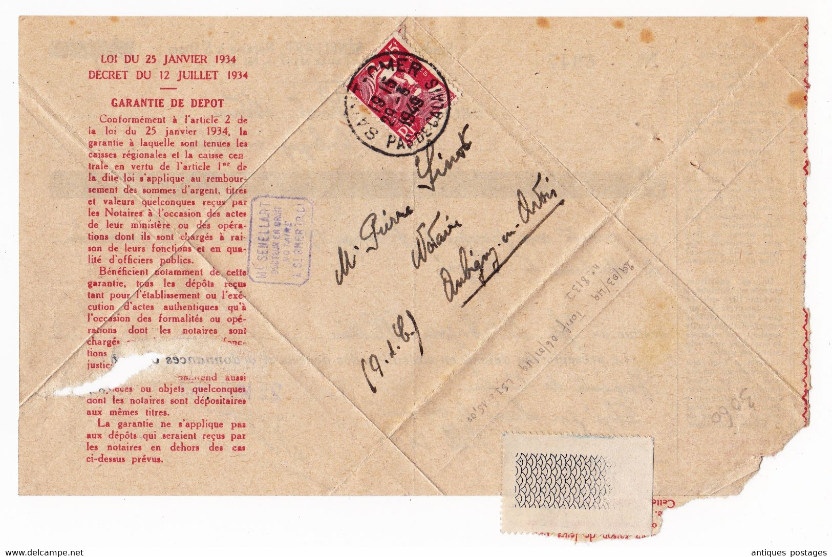 Lettre Saint Omer 1949 Pas de Calais Marianne de Gandon Maître Sénellart Notaire Aubigny en Artois