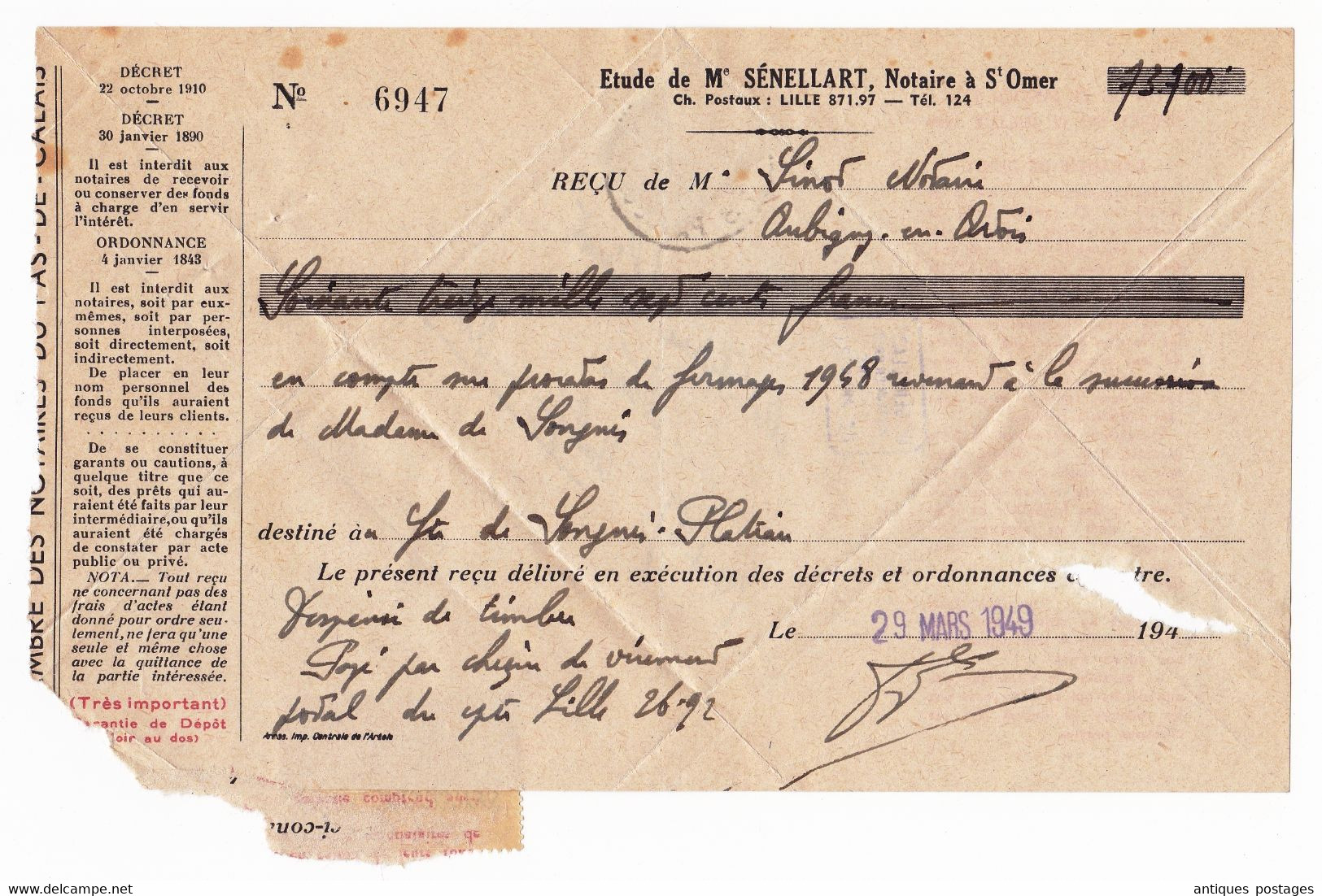 Lettre Saint Omer 1949 Pas de Calais Marianne de Gandon Maître Sénellart Notaire Aubigny en Artois