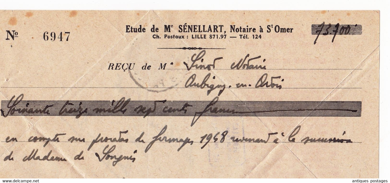 Lettre Saint Omer 1949 Pas de Calais Marianne de Gandon Maître Sénellart Notaire Aubigny en Artois