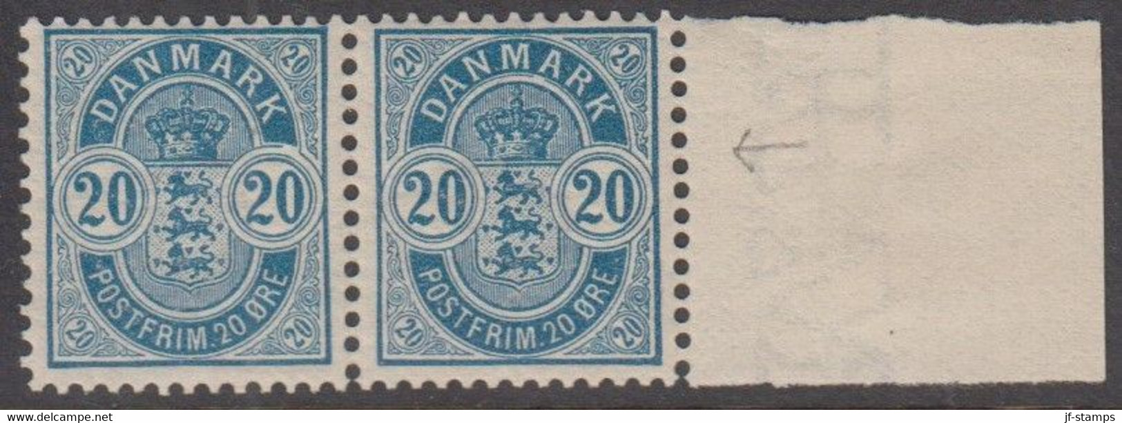 1902. DANMARK. Coat-of Arms. Large Corner Figures. 20 Øre Blue. Perf. 12 3/4. Beautif... (Michel 36B) - JF424250 - Nuovi