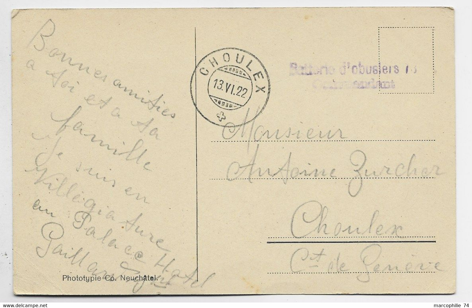 SUISSE HELVETIA CARTE VILLARS +  GRIFFE BATTERIE D'OBUSIERS COMMANDANT POUR CHOULLEX 1922 GENEVE - Oblitérations