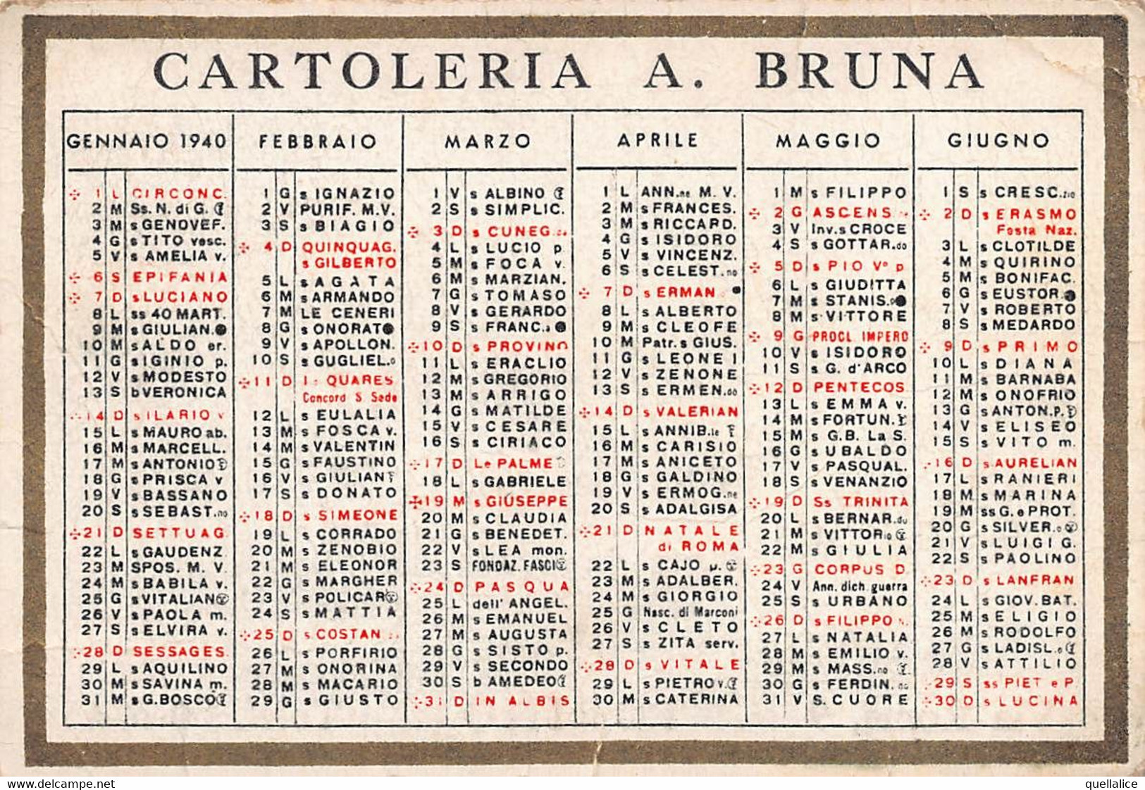 03003 "CARTOLERIA A. BRUNA - TORINO" CALENDARIETTO 1940 - Tamaño Pequeño : 1921-40