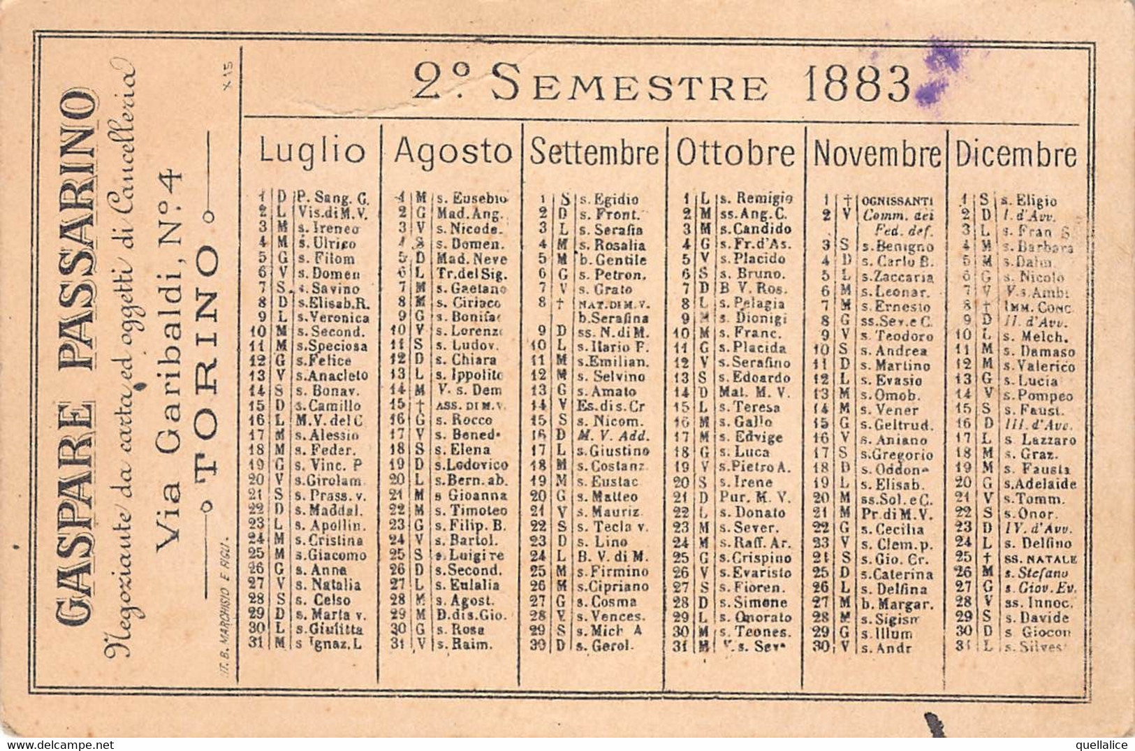 03005 "GASPARE GASPARINO - CANCELLERIA - TORINO" ANIMATO, SPAZZACAMINO, CALENDARIETTO 2° SEMESTRE 1883 - CROMOLITO - Tamaño Pequeño : ...-1900