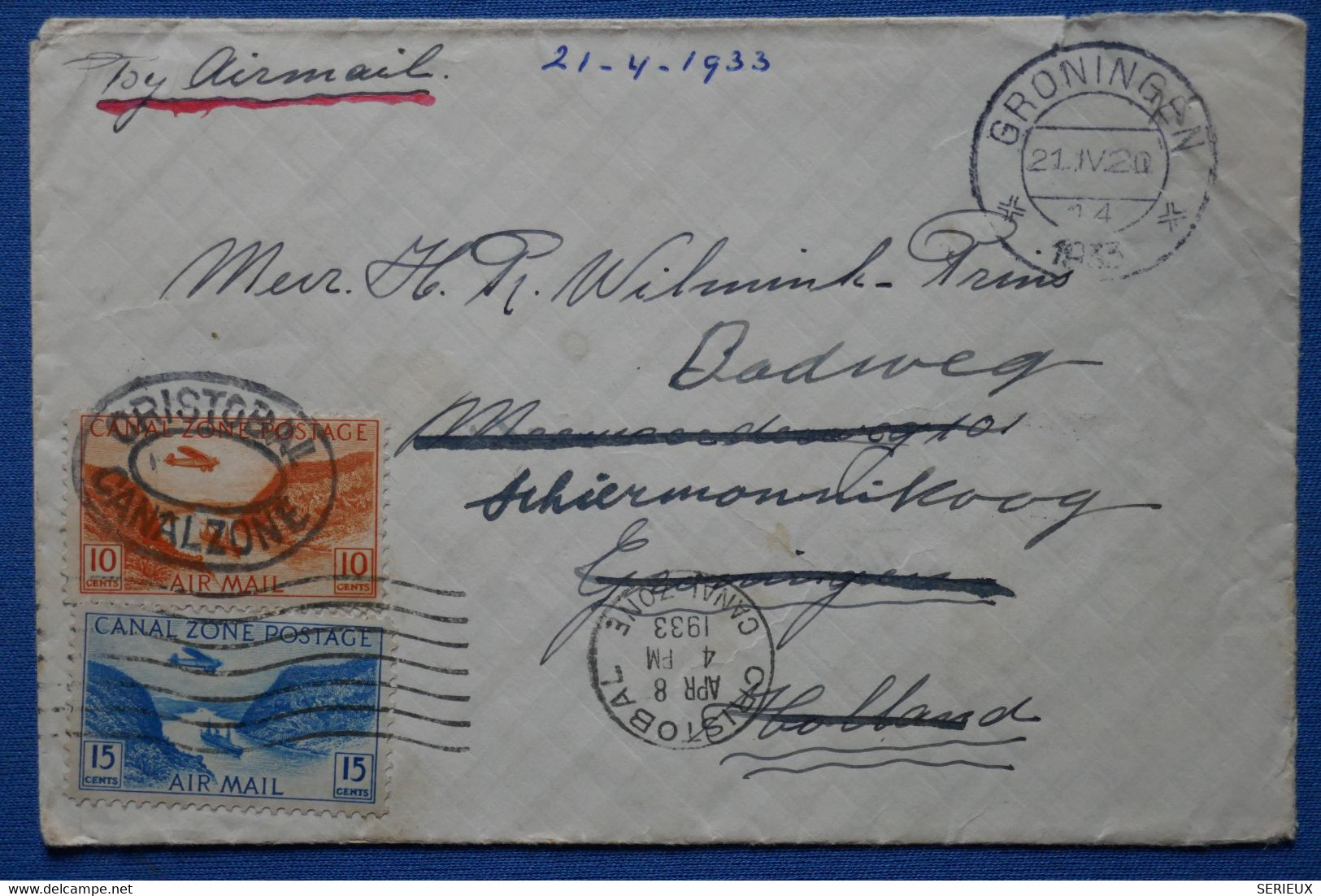 C CANAL ZONE BELLE LETTRE RARE  1933  CRISTOBAL POUR GRONINGEN  NEDERLAND +AEROPHILATELIE  +AFF . PLAISANT - Canal Zone