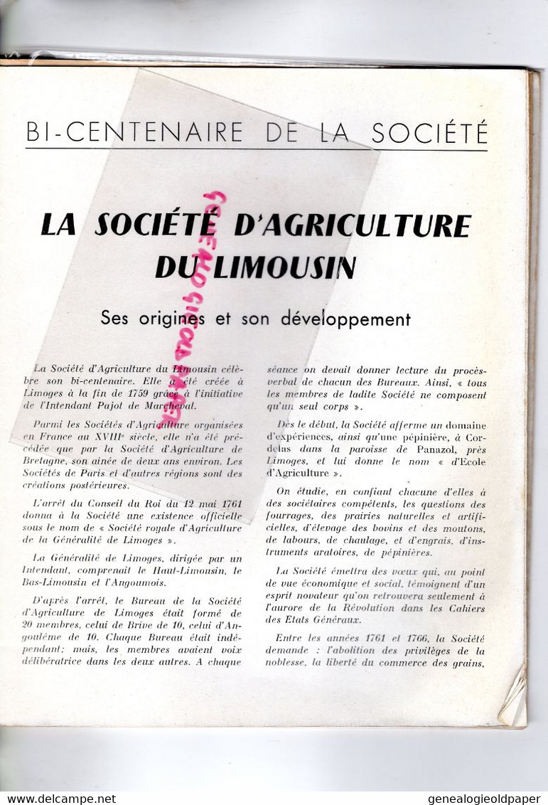 87- LIMOGES- BI CENTENAIRE SOCIETE AGRICULTURE HAUTE VIENNE-1759-1959-TURGOT-ALLUAUD-TEISSERENC DE BORT-DE SEZE-BRUCHARD - Limousin