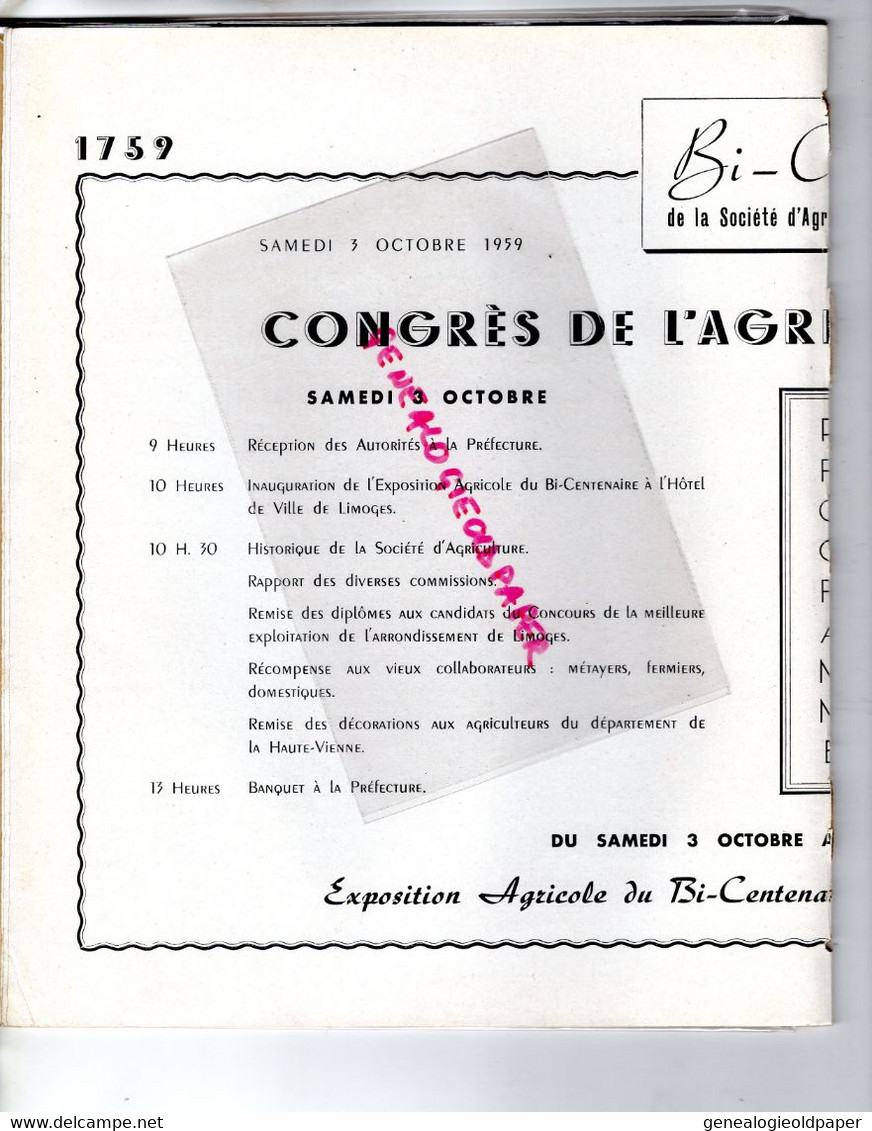 87- LIMOGES- BI CENTENAIRE SOCIETE AGRICULTURE HAUTE VIENNE-1759-1959-TURGOT-ALLUAUD-TEISSERENC DE BORT-DE SEZE-BRUCHARD