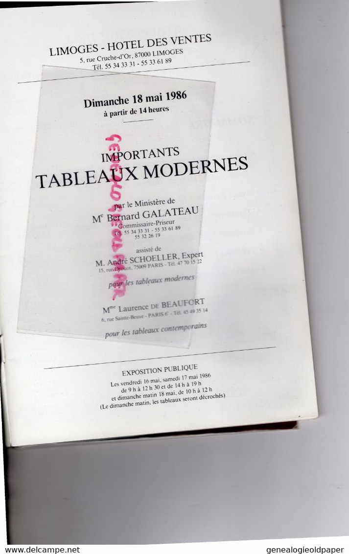 87- LIMOGES- CATALOGUE HOTEL VENTES GALATEAU-18 MAI 1986-ARP-DALI-LURCAT-LATAPIE-SAINT SAENS-CHAGALL-STAEL-ALLUAUD- - Limousin