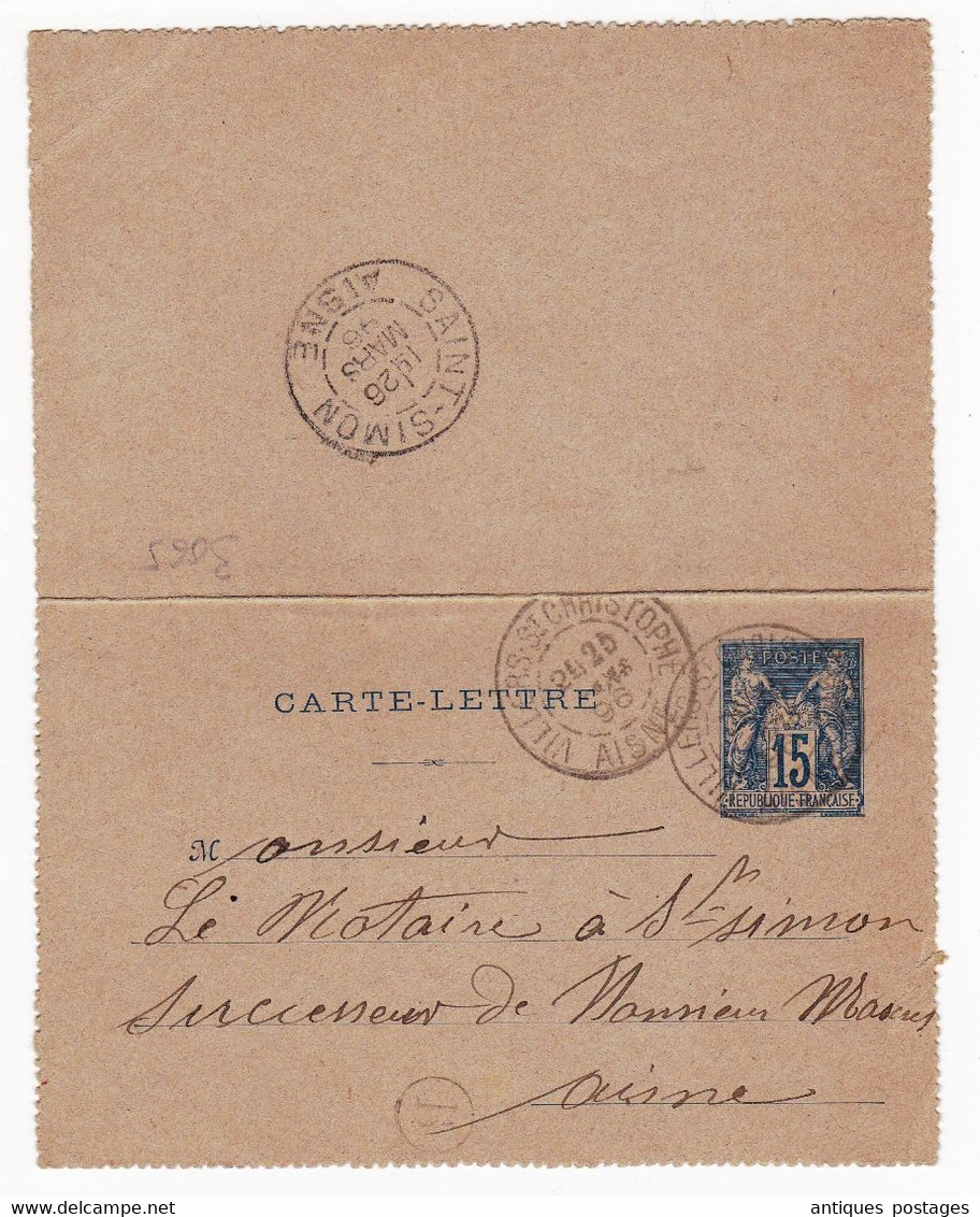 Carte Lettre Villers Saint-Christophe 1896 Aisne Saint Simon Type Sage - Letter Cards