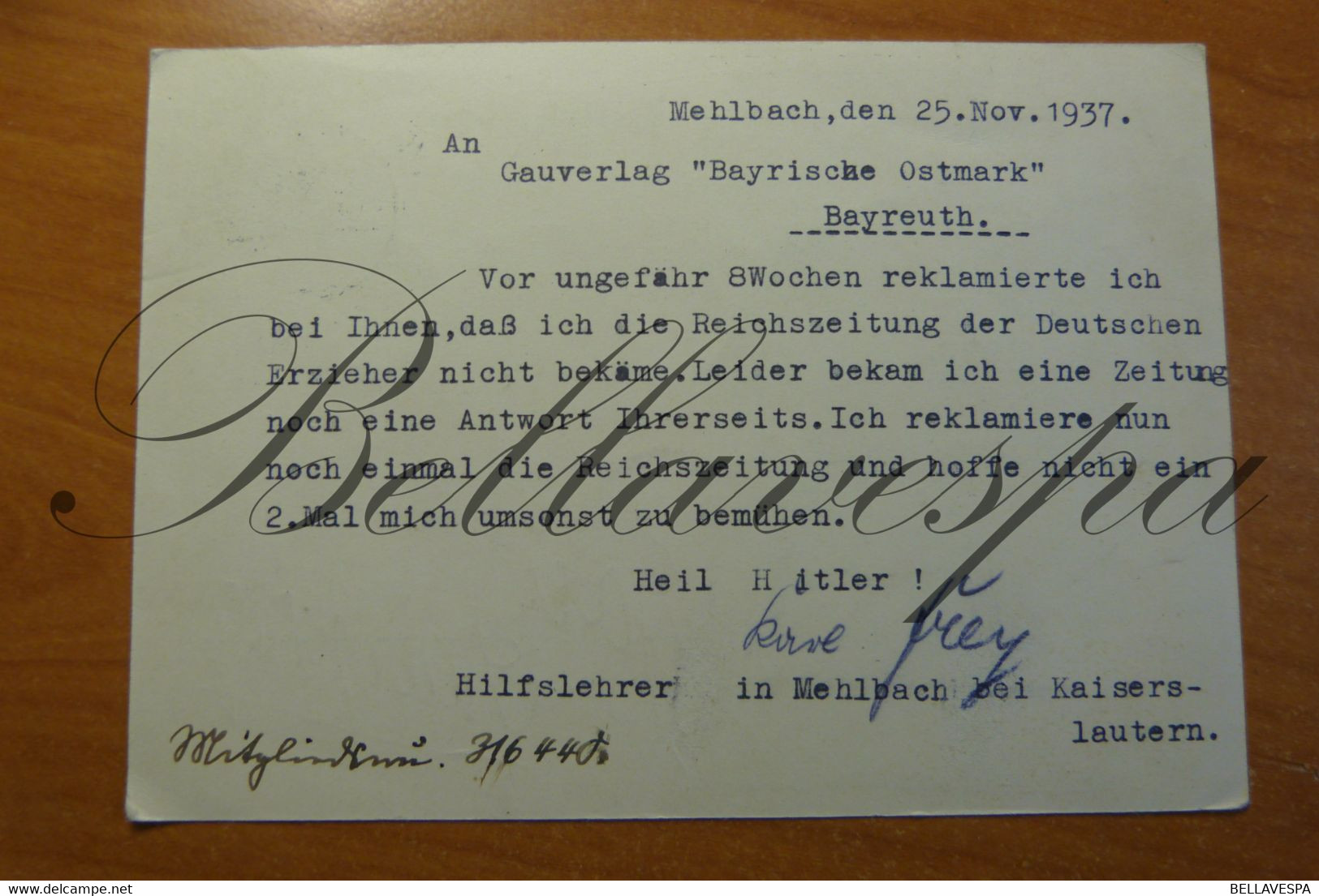 Deutsche Reich Bayreuth Ostmark 1937. Gauverlag Reichzeitung Rappel .K.Frey Hilfslehrer Mehlbach Kaiserslautern.31644? - Weltkrieg 1939-45