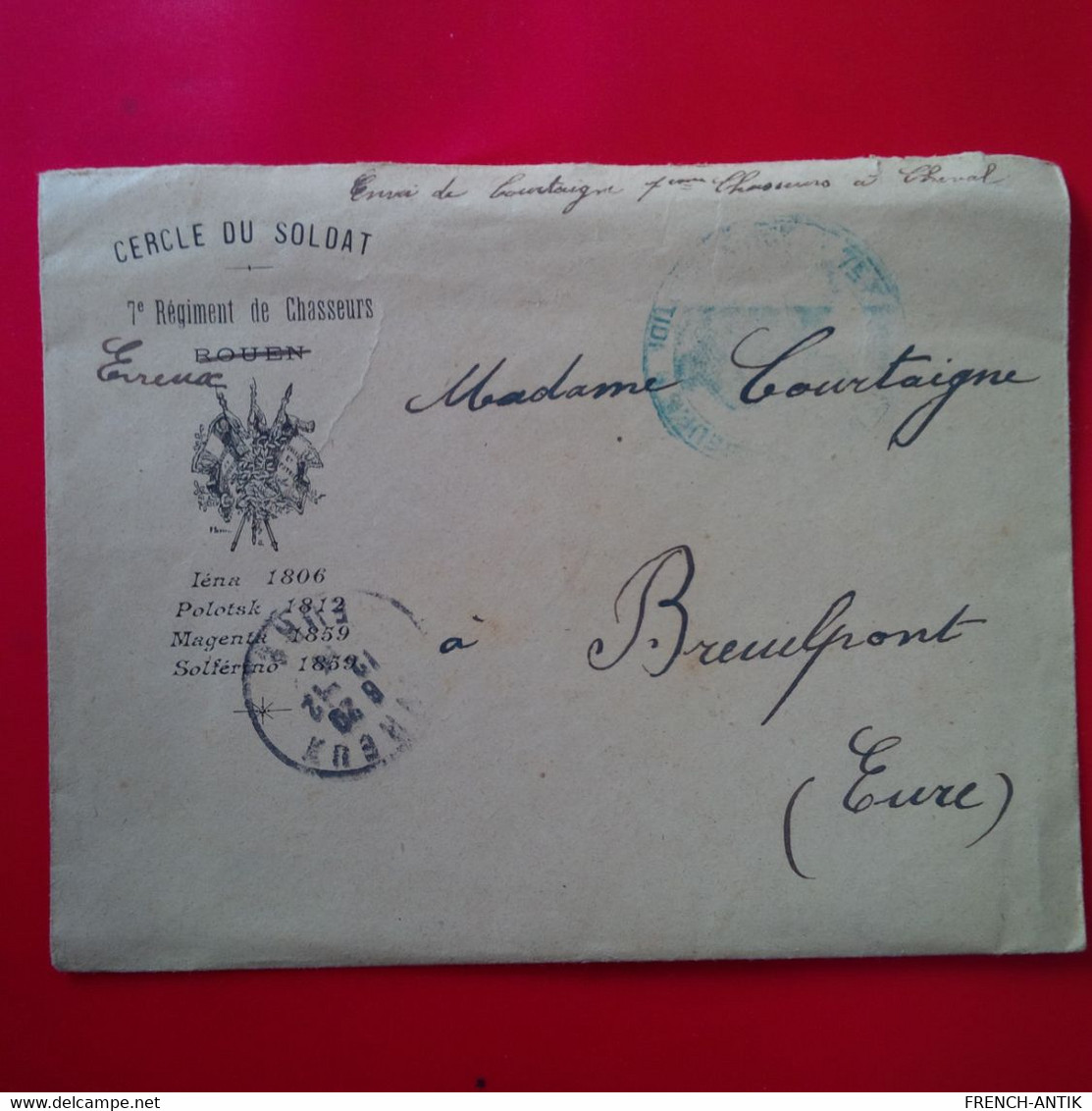 LETTRE MILITAIRE CERCLE DU SOLDAT 7E REGIMENT DE CHASSEURS EVREUX POUR BREUILPONT EURE 1914 - Covers & Documents