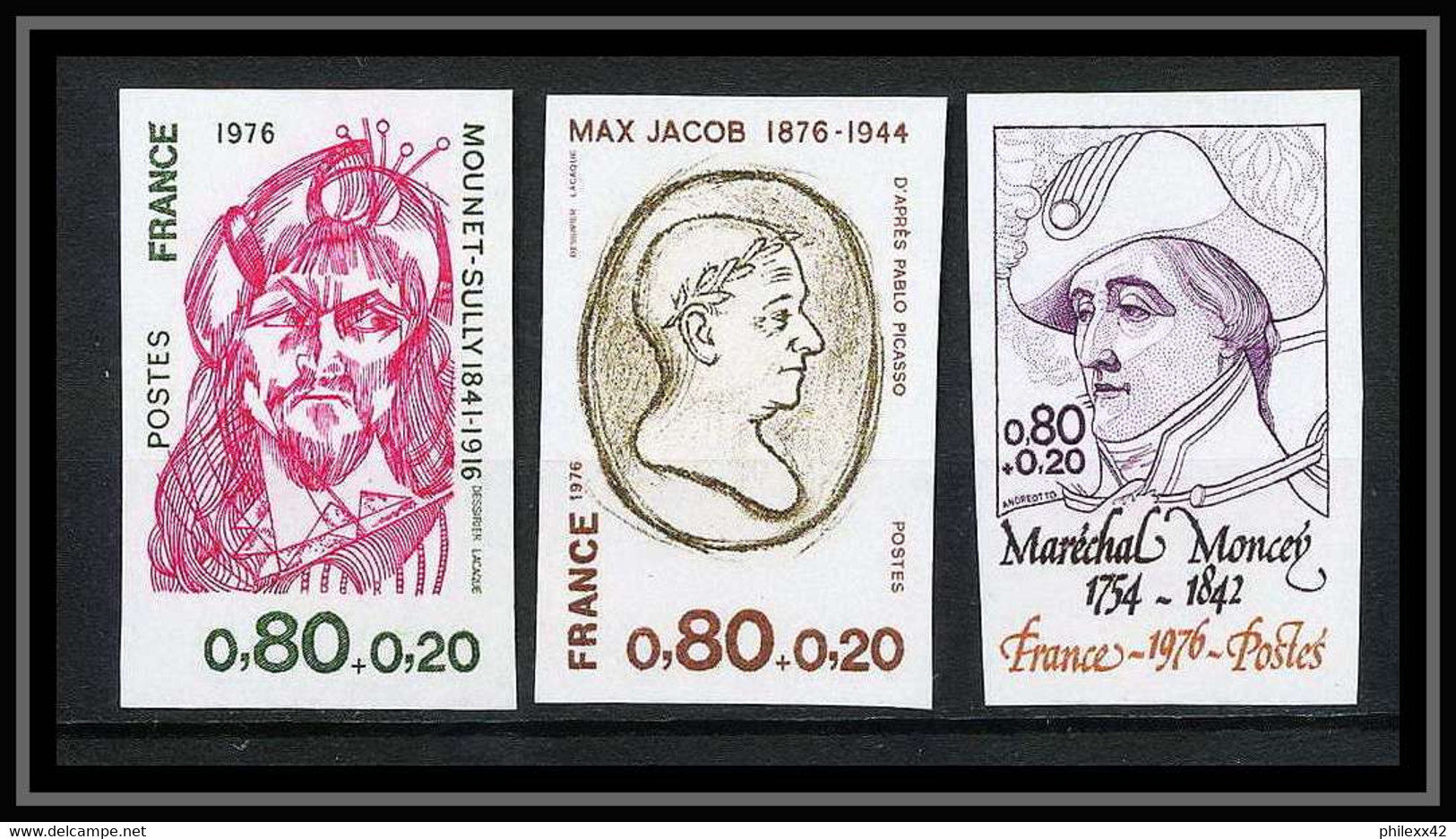 France N°1880/1882 Personnages 1976 Moncey Max Jacob Mounet-Sully Non Dentelé ** MNH (Imperf) Cote 45 Euros - Unclassified