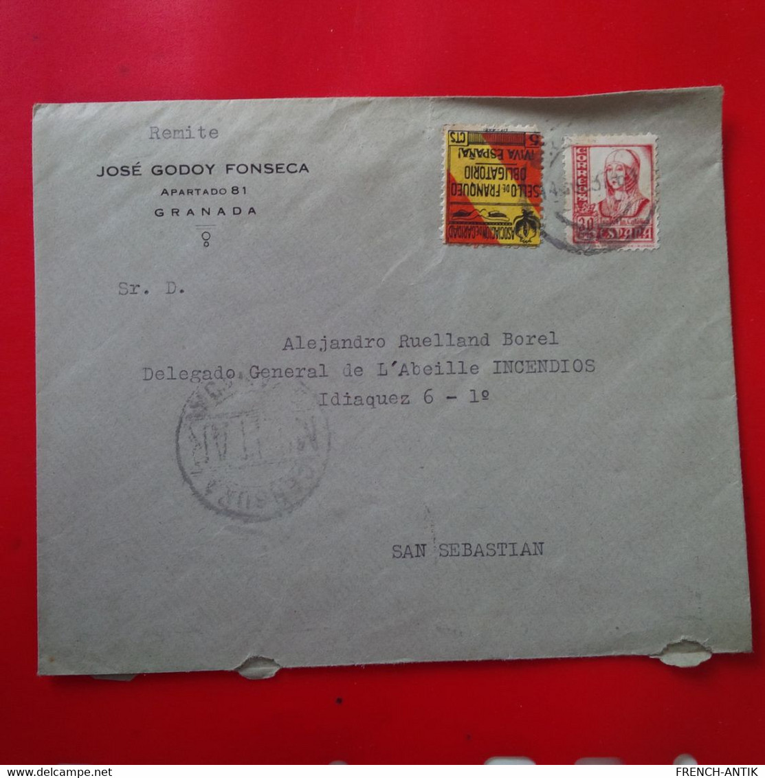 LETTRE GRANADA JOSE GODOY FONSECA POUR SAN SEBASTIAN ALEJANDRO RUELLAND BOREL DELEGADO GENERAL DE L ABEILLE 1937 - Lettres & Documents
