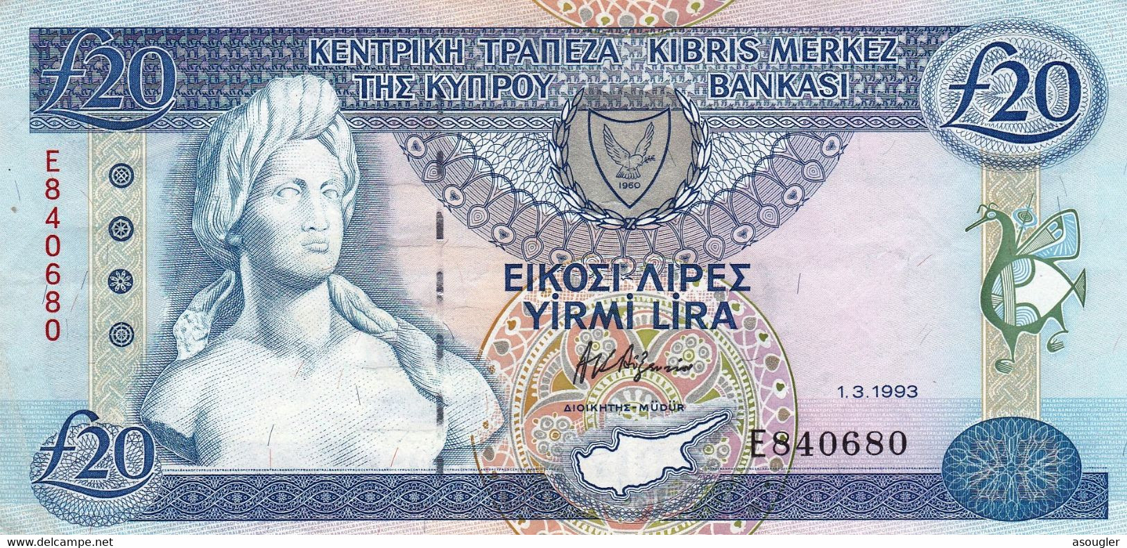 CYPRUS 20 POUNDS 1993 EXF- AU P-56b  "free Shipping Via Registered Air Mail" - Cyprus