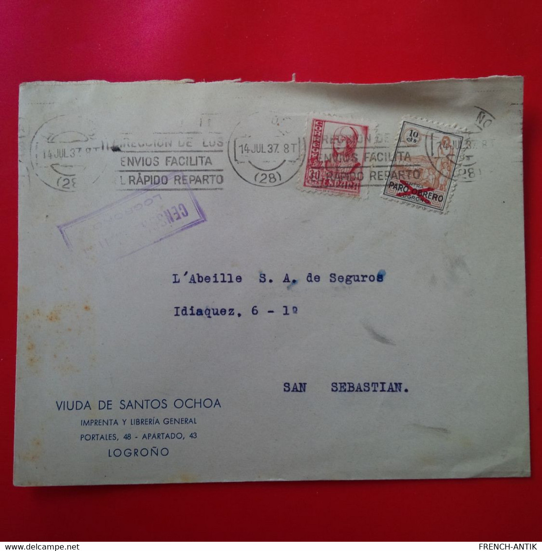 LETTRE LOGRONO POUR SAN SEBASTIAN L ABEILLE AVEC CENSURA MILITAR 1937 - Briefe U. Dokumente