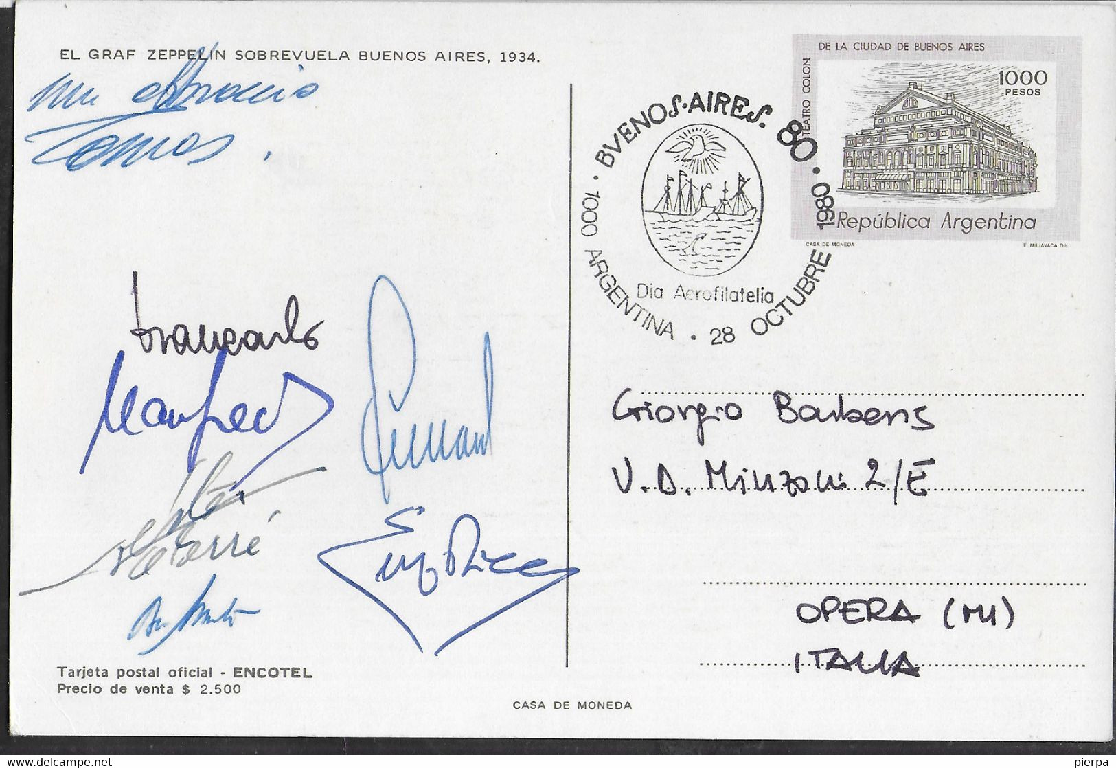 ARGENTINA - ANNULLO SPECIALE "BUENOS AIRES 80 -1000 ARGENTINA - 28 OCTOBRE 1980- DIA AEROFILATELIA" SU CARTOLINA POSTALE - Brieven En Documenten