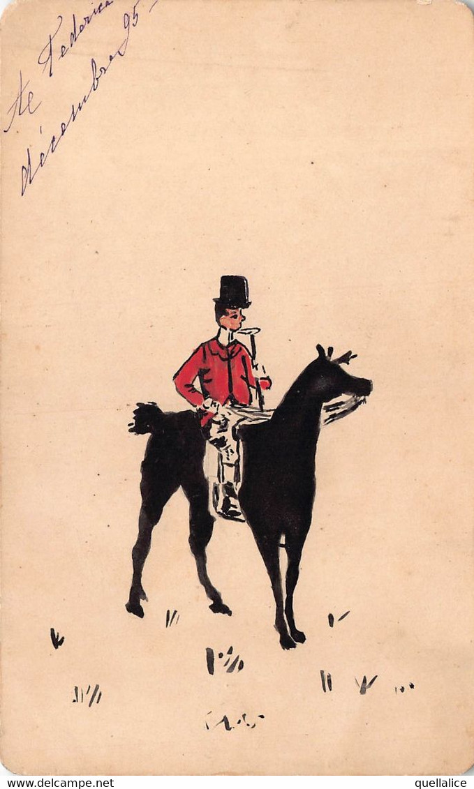 03030 "LORD A CAVALLO  - BIGLIETTO AUGURALE SU CARTONCINO CON DECORI ORIGINALI IN ACQUERELLI ED INCHIOSTRO NERO" 1895 - Otros & Sin Clasificación