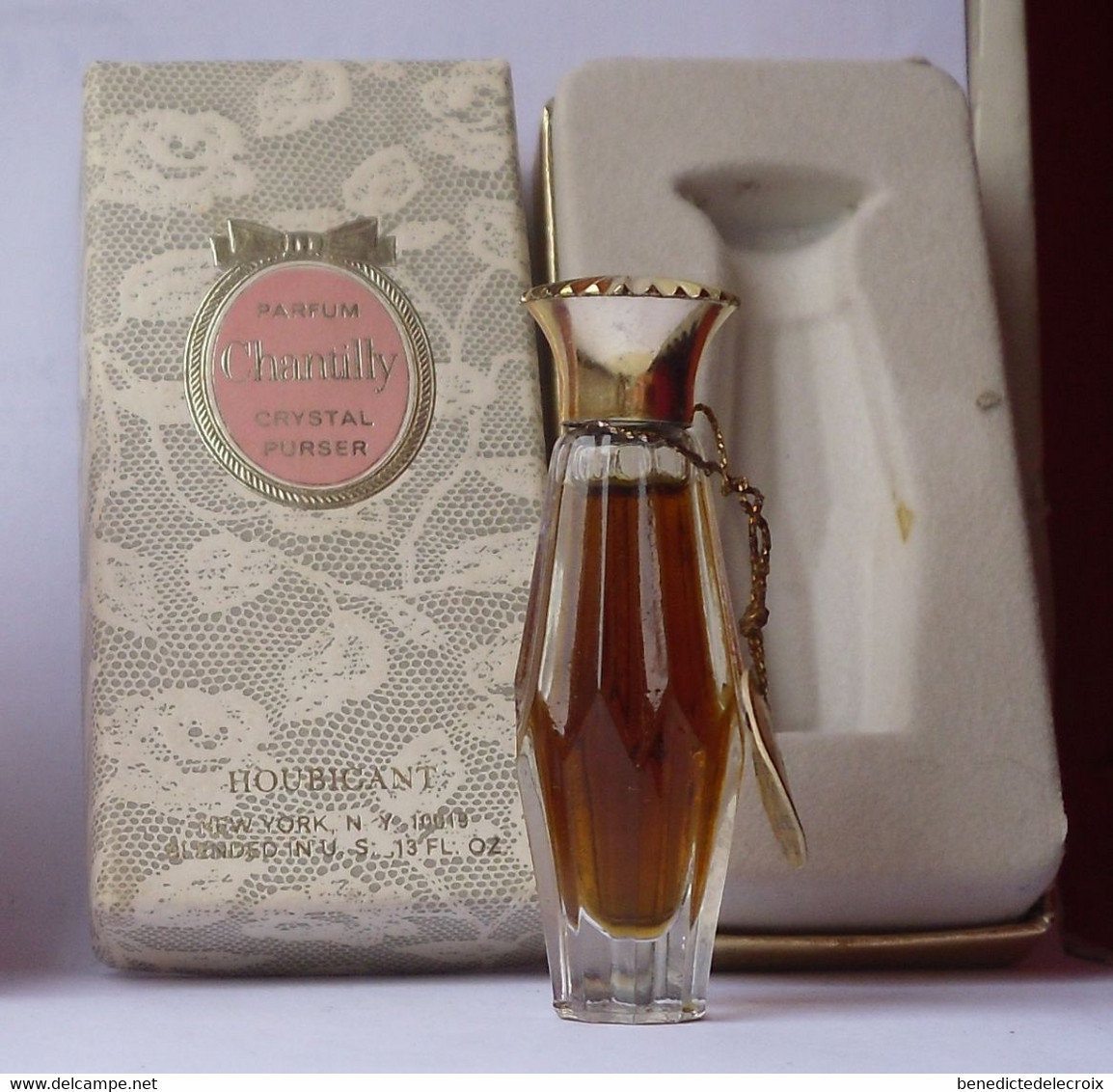 Miniature Ancienne CRYSTAL PURSER  CHANTILLY HOUGIGANT PARFUM 0.13 Fl.oz   Boite , Version 3  USA - Mignon Di Profumo (con Box)