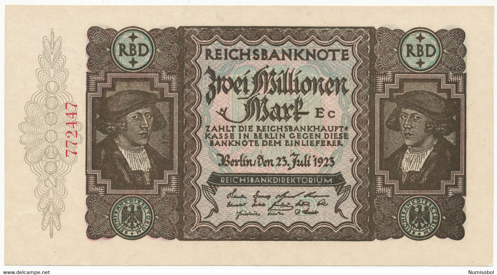 GERMANY, DEUTSCHLAND - 2 Millionen Mark 23.7.1923. P89, Ro89, AUNC-UNC. (D069) - 2 Millionen Mark