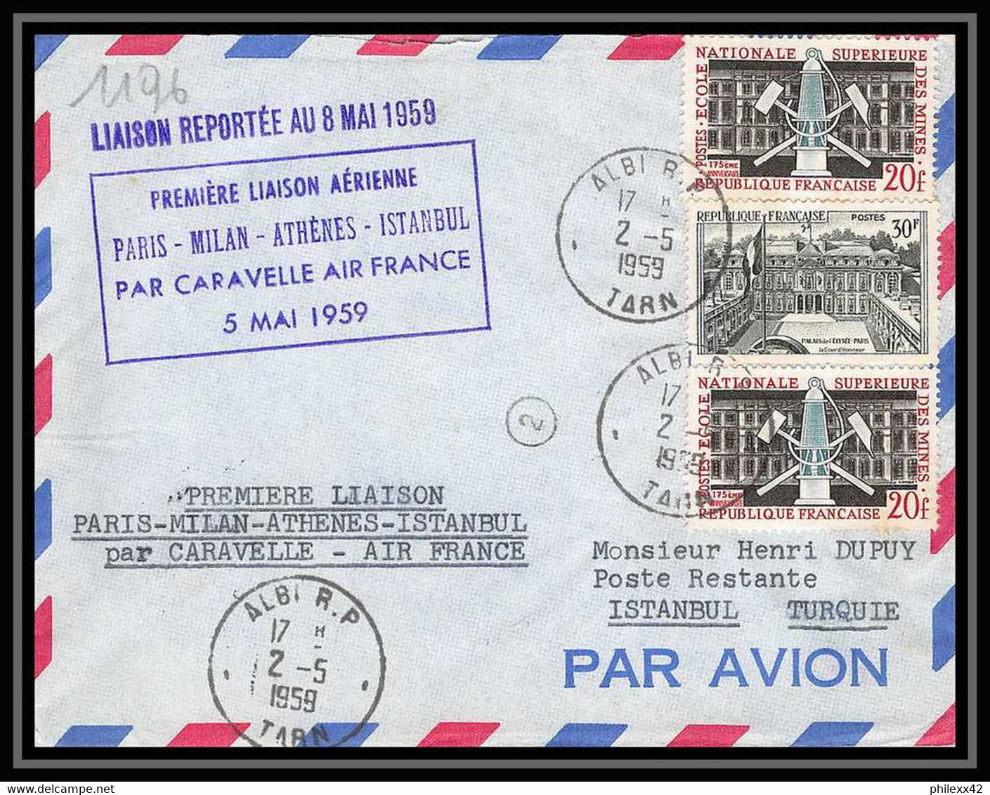 3615 France Lettre (cover) N°1197 école Des Mines Liaison MILAN Rome Athenes Istambul Caravelle 1959 Aviation - First Flight Covers