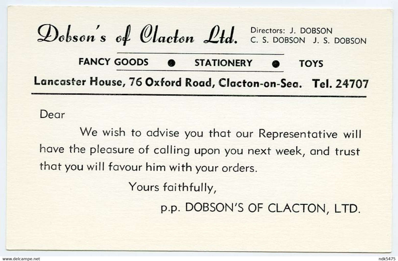 ADVERTISING : CLACTON ON SEA - DOBSON'S FANCY GOODS, LANCASTER HOUSE, OXFORD ROAD - Clacton On Sea