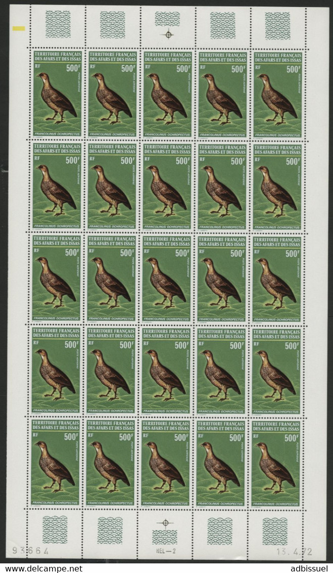 AFARS Et ISSAS COTE 1200 € POSTE AERIENNE N° 71 MNH ** FEUILLE DE 25 EX. OISEAUX BIRD FRANCOLINUS OCHROPECTUS. TB/VG - Hühnervögel & Fasanen