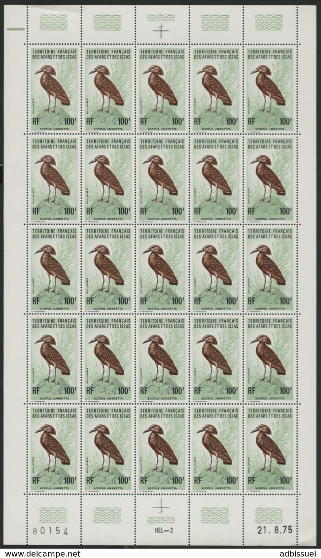 AFARS Et ISSAS COTE 475 € N° 413 MNH ** FEUILLE DE 25 Ex. OISEAUX BIRD SCOPUS UMBRETA . TB/VG - Storks & Long-legged Wading Birds