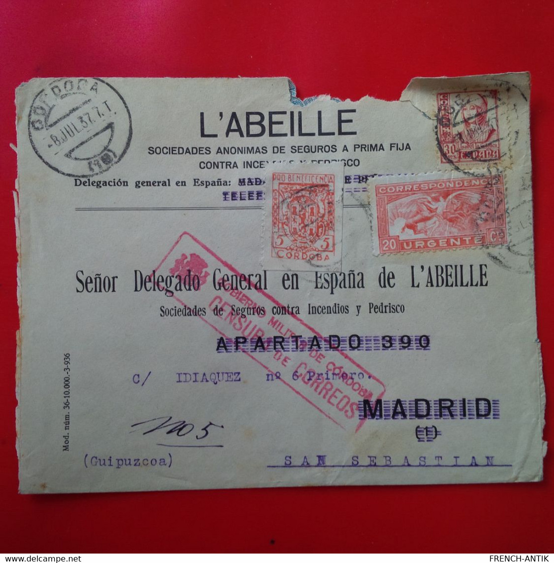 LETTRE MADRID POUR SAN SEBASTIAN L ABEILLE AVEC CENSURA MILITAR 1937 - Covers & Documents