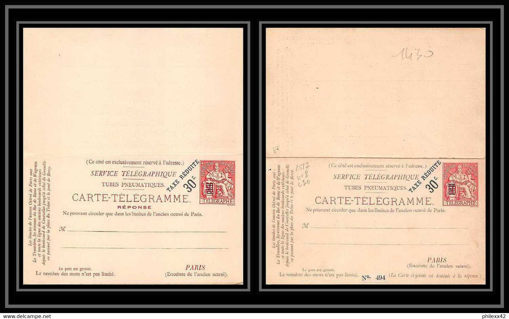 1430 France Entier Postal Stationery Pneumatique Chaplain 50c Rouge Taxe Réduite A 30c D8 Neuf Avec Réponse Payee Tb - Neumáticos