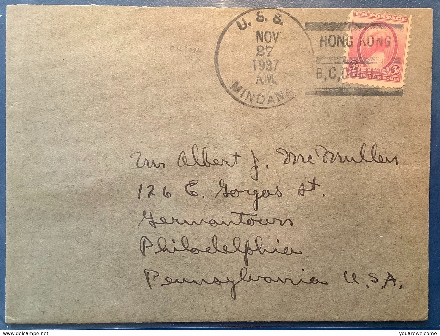 „U.S.S. MINDANA HONG KONG / B.C.COLONY 1937“ US Navy Naval Post Cover(poste Navale USA Lettre Military China Ship Mail - Brieven En Documenten