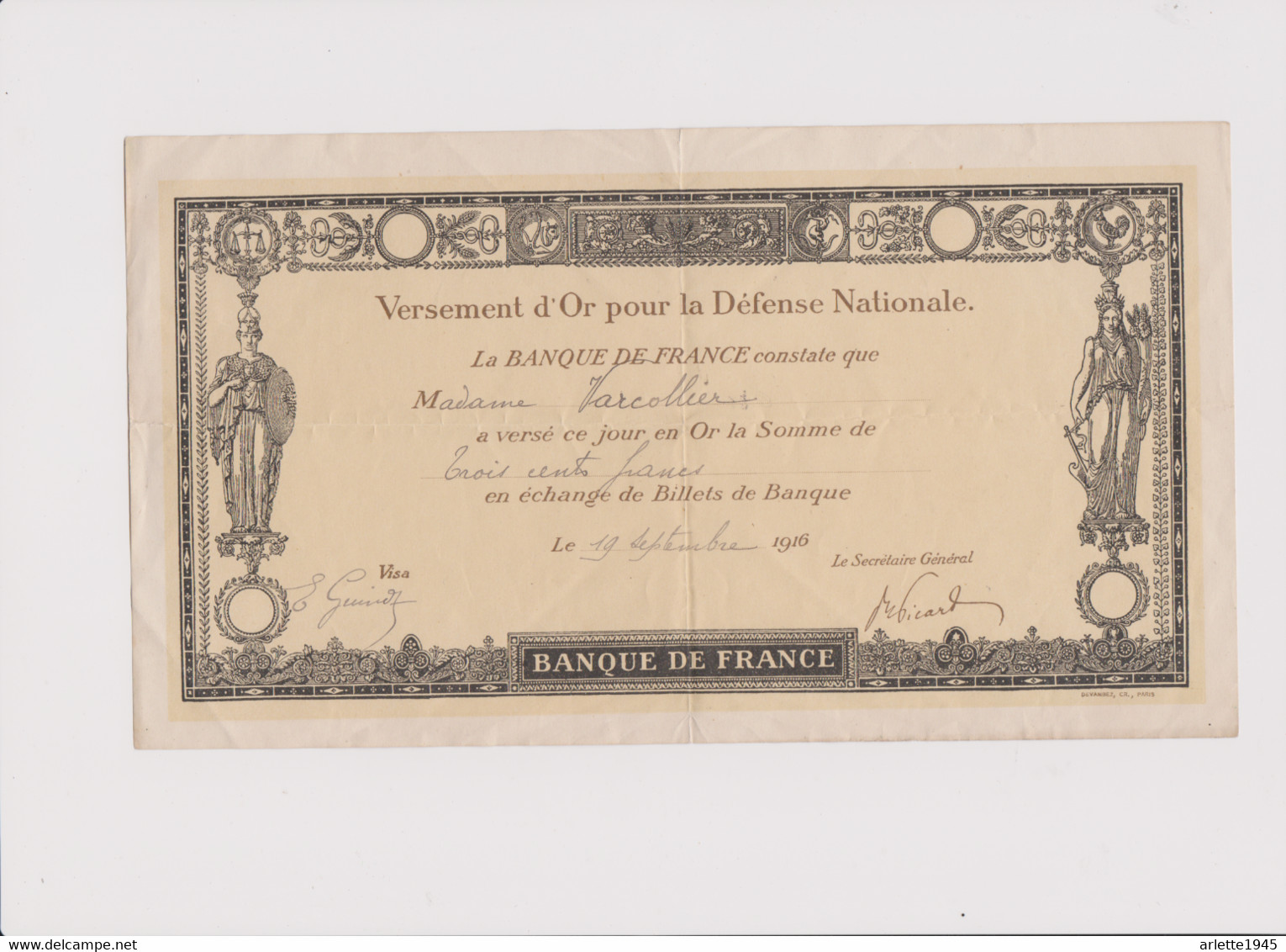 VERSEMENT D 'OR POUR LA DEFENSE NATIONALLE BANQUE DE FRANCE 19 SEPTEMBRE 1916 - Otros – Europa