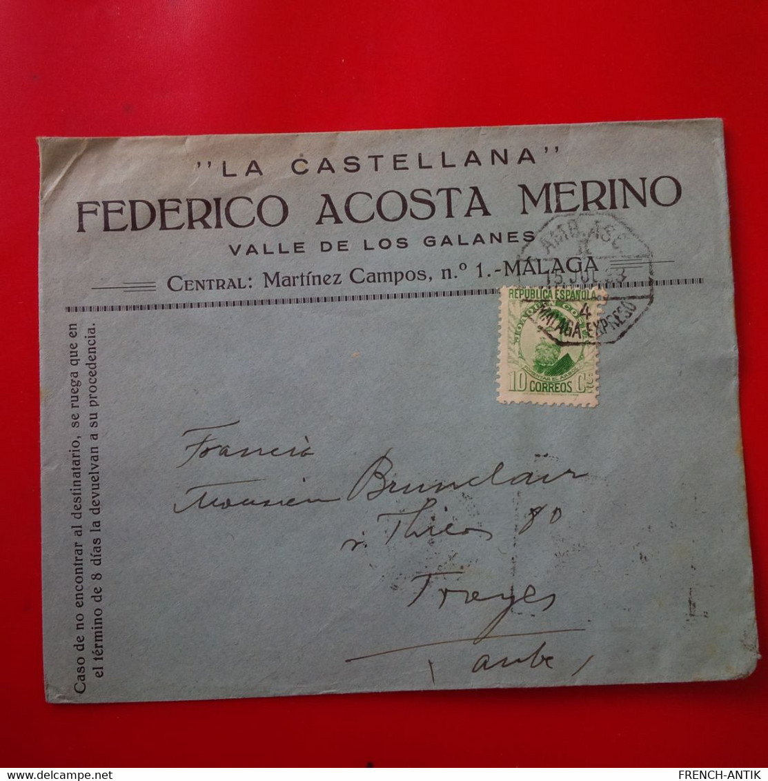 LETTRE MALAGA LA CASTELLANA VALLE DE LOS GALANES POUR PARIS - Storia Postale