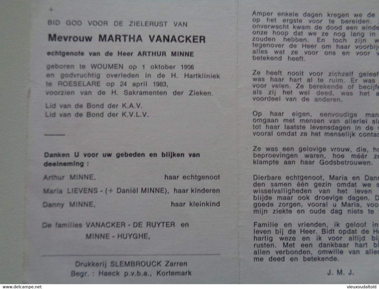 Doodsprentje/Bidprentje  MARTHA VANACKER  Woumen 1906-1983 Roeselare (Echtg ARTHUR MINNE) - Religion & Esotericism
